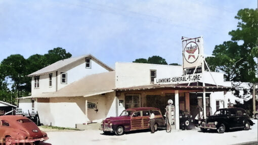 An old, restored photo of Lawhon's general store